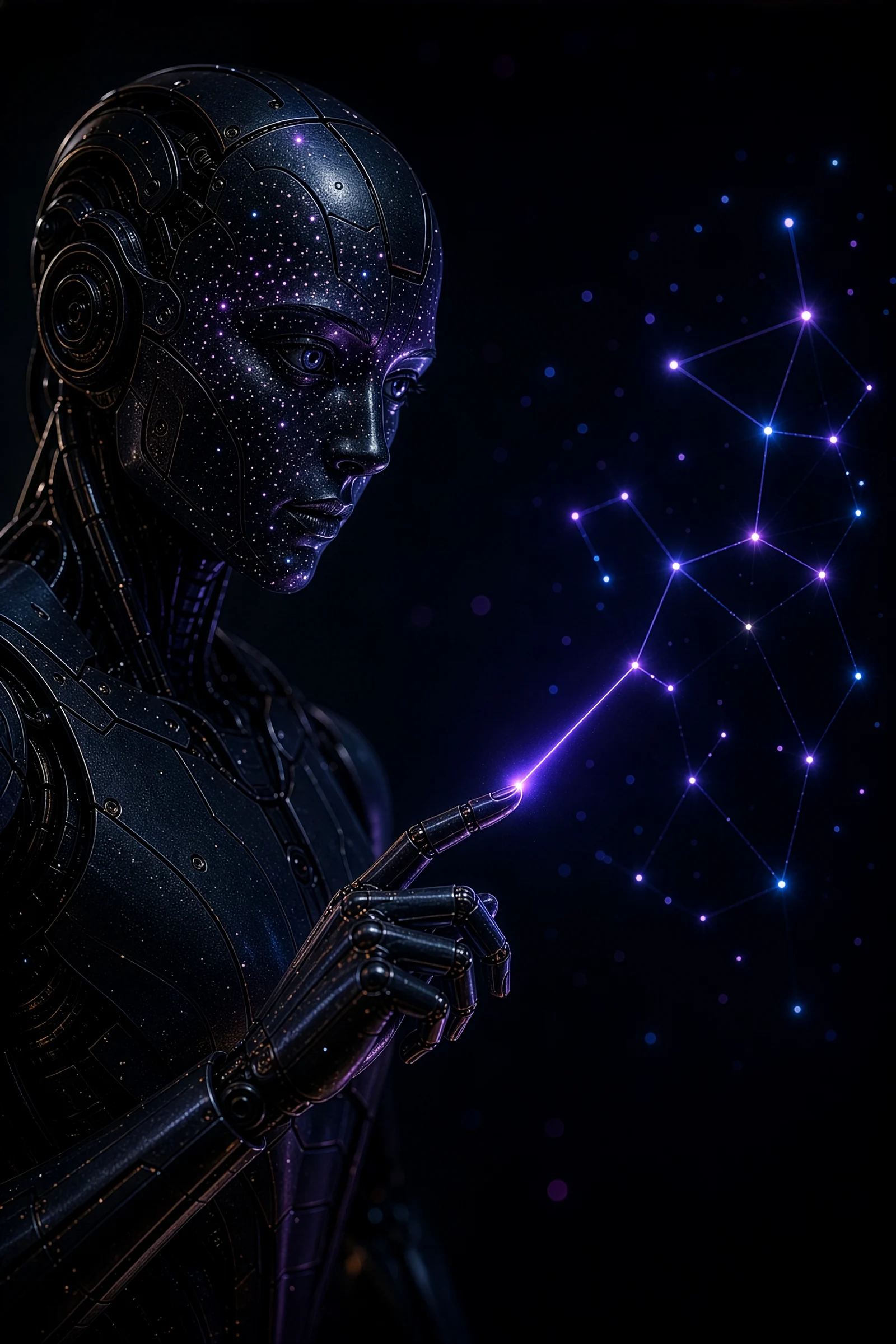 Robot d'intelligence artificielle reliant des points épars en une constellation lisible, illustrant les enquêtes digitales et la gestion de crise pour PME