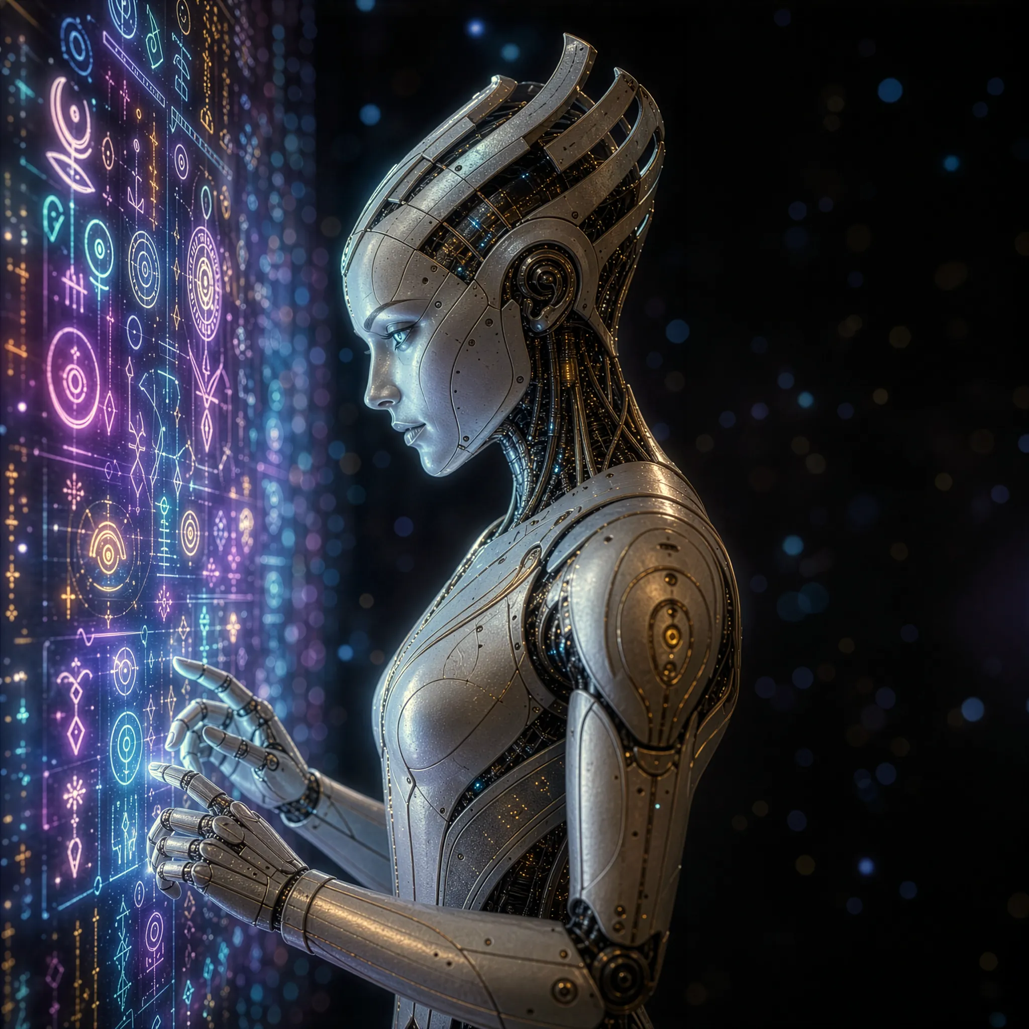 Robot d'intelligence artificielle déchiffrant un mur de symboles lumineux, illustrant la formation cyber des collaborateurs de PME
