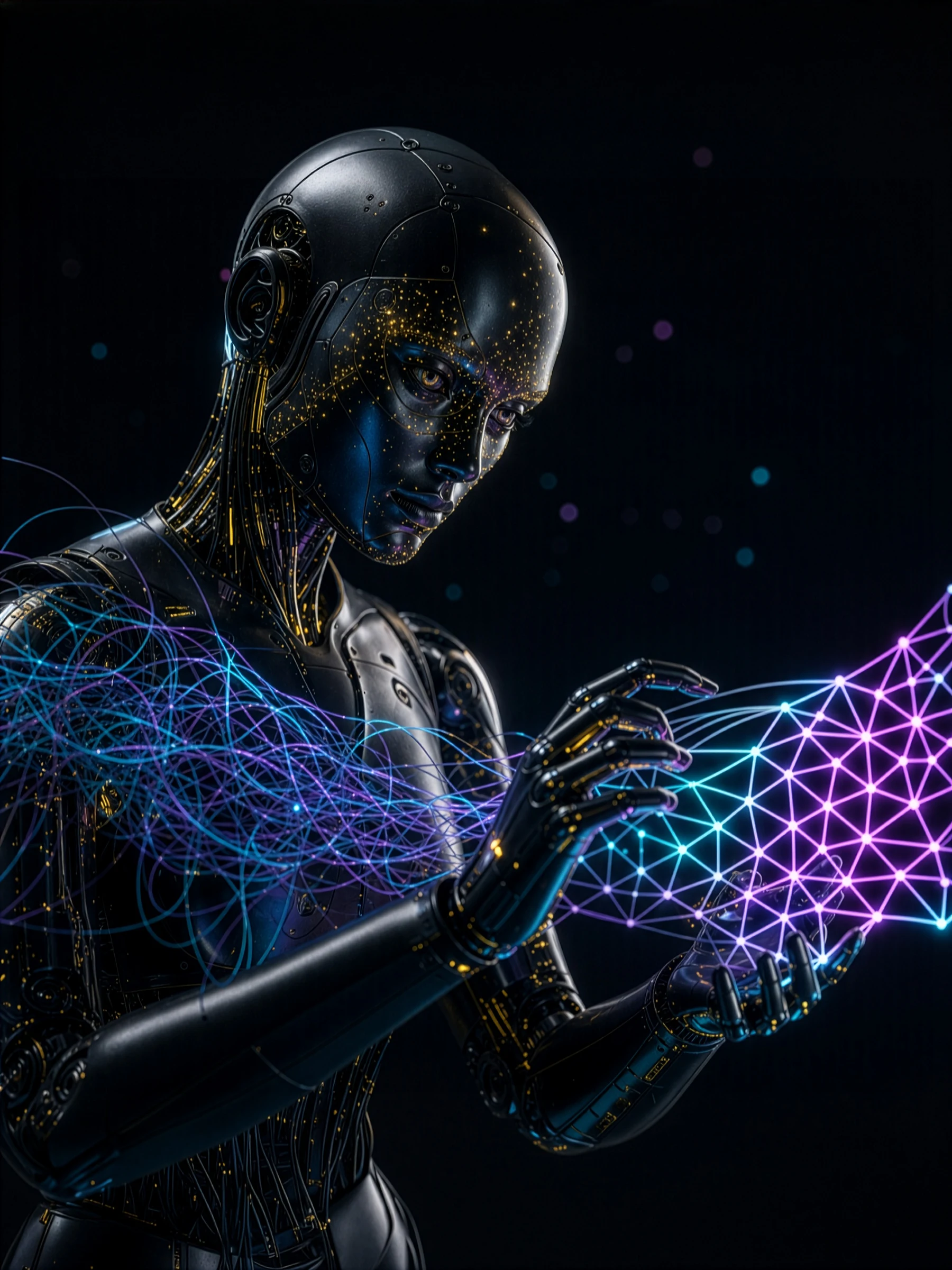 Robot d'intelligence artificielle ordonnant un réseau de données, illustrant la modernisation des infrastructures informatiques pour PME