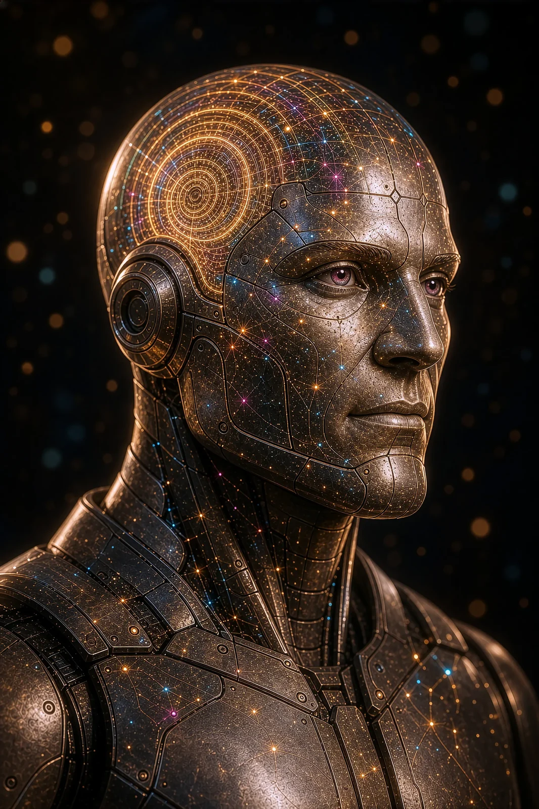 Robot humanoïde serein à la mémoire en anneaux lumineux, symbole de treize années d'expérience IT — NewTechConsult