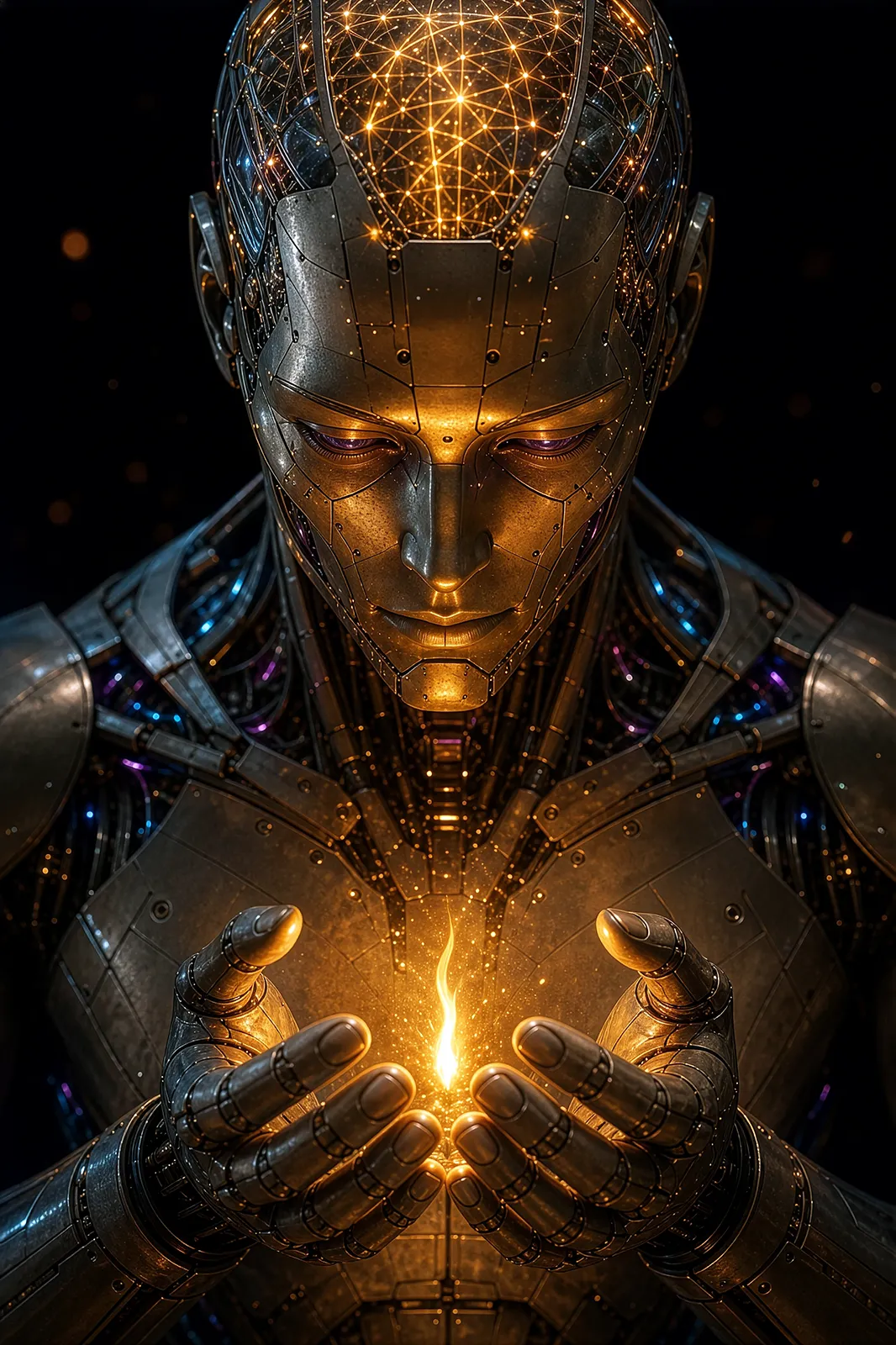 Robot humanoïde abritant une petite flamme dans ses mains — l'informatique au service de l'humain, NewTechConsult
