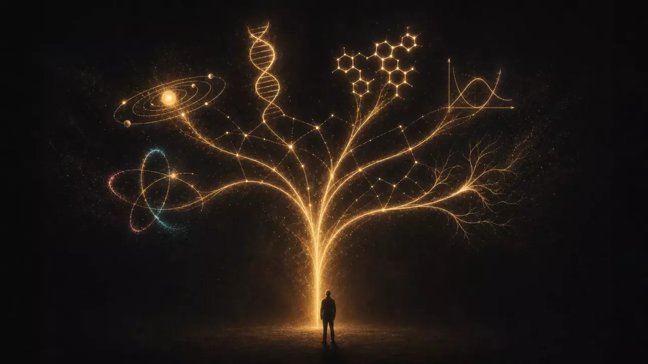 Arbre de lumière se ramifiant en disciplines scientifiques au-dessus d'une silhouette — illustration de Claude Science.