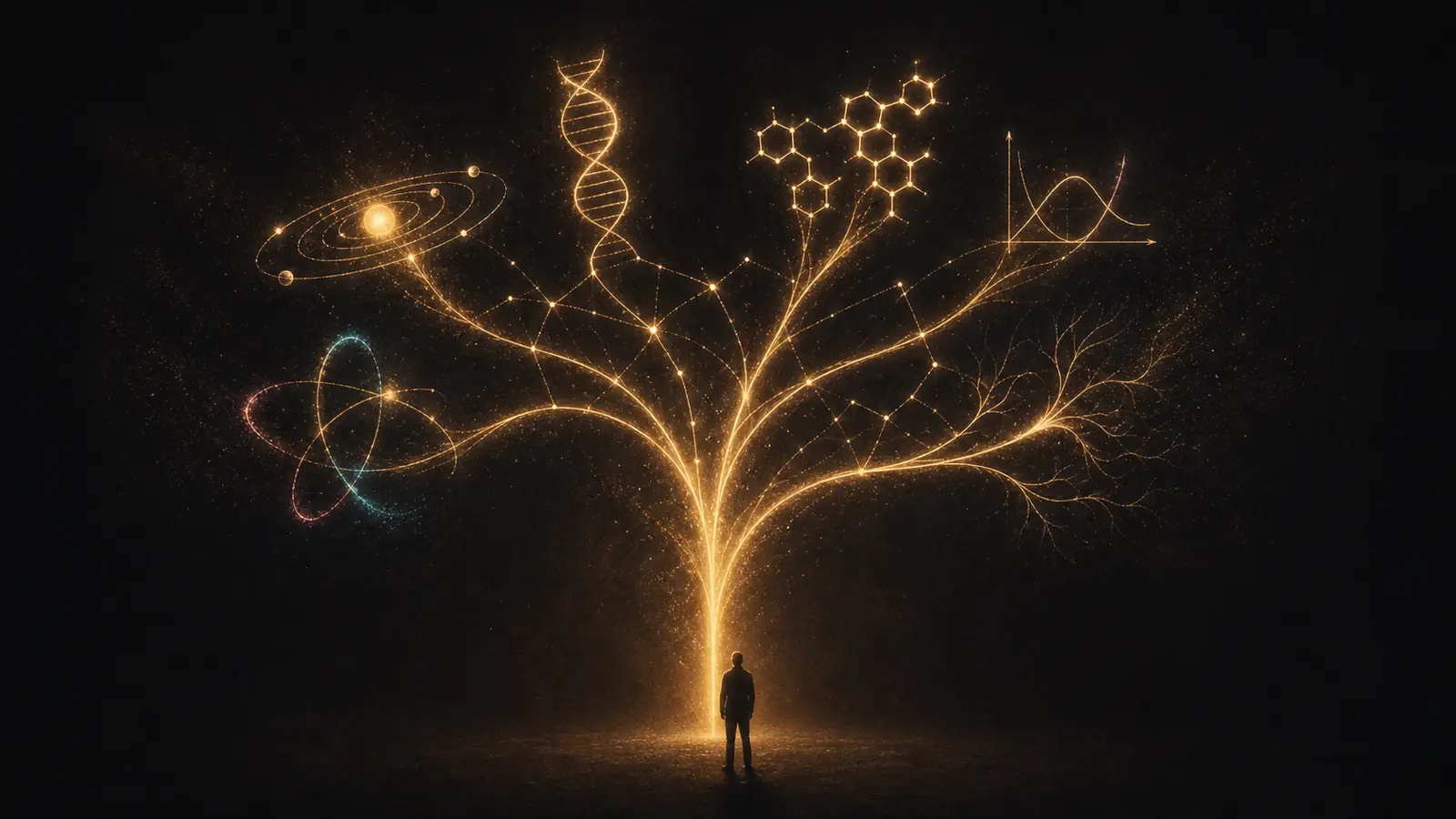 Arbre de lumière se ramifiant en disciplines scientifiques au-dessus d'une silhouette — illustration de Claude Science.