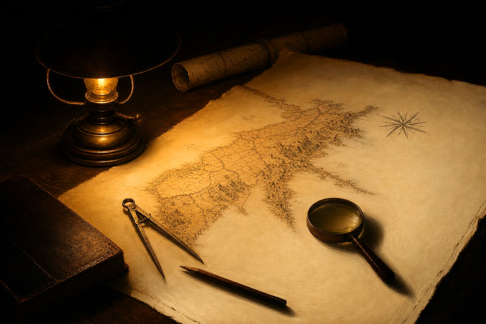 Carte ancienne dressée à la main, éclairée par une lampe à pétrole, compas et loupe posés dessus — illustration de l'audit de cybersécurité en PME.