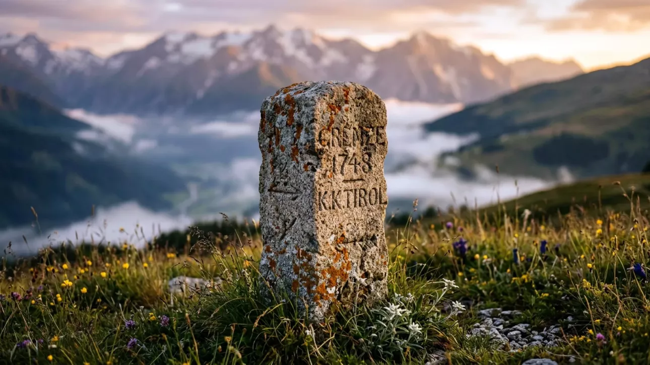 Ancienne borne frontière gravée, plantée dans une prairie alpine au-dessus d’une mer de nuages, à l’aube.