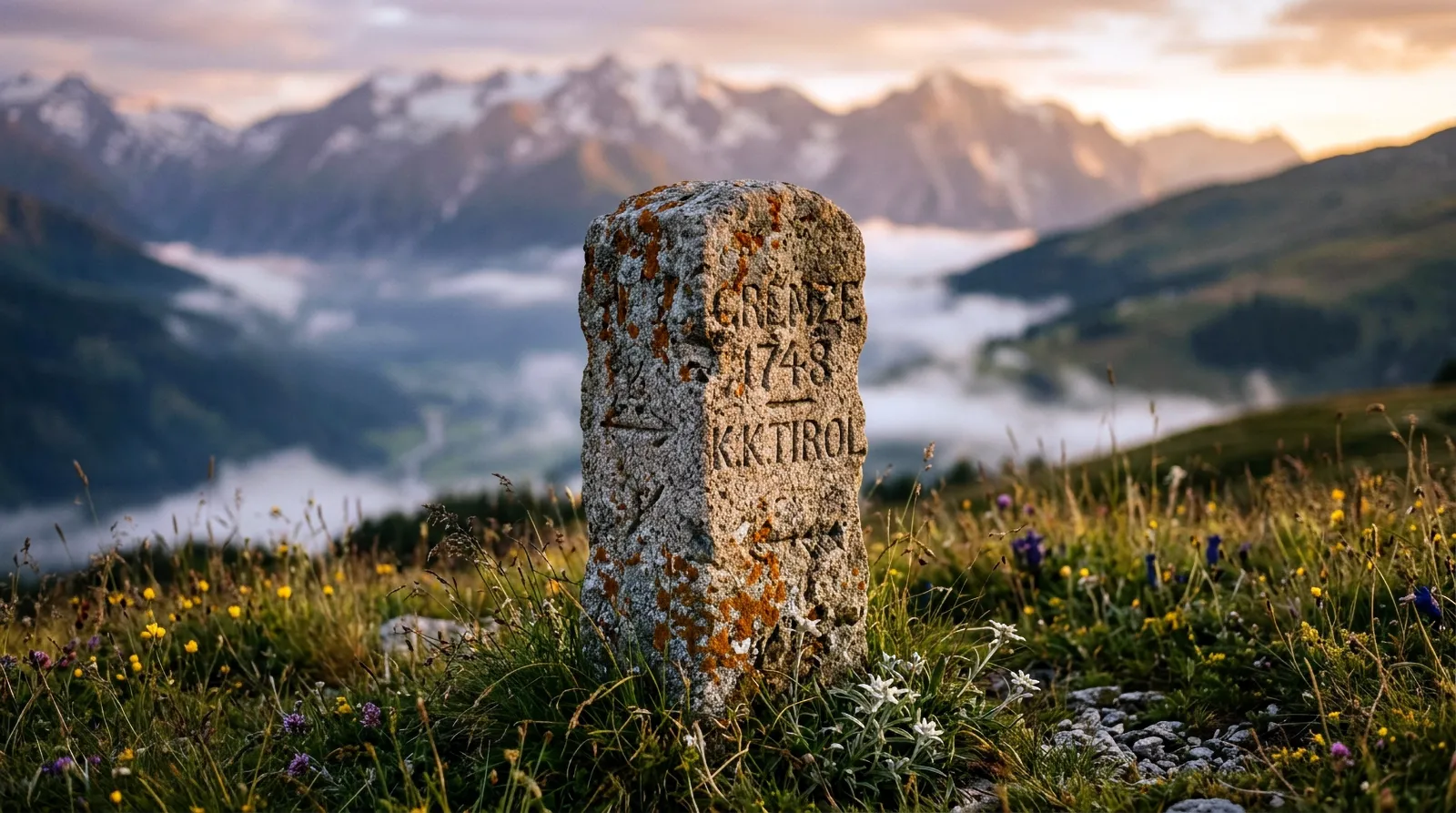 Ancienne borne frontière gravée, plantée dans une prairie alpine au-dessus d’une mer de nuages, à l’aube.