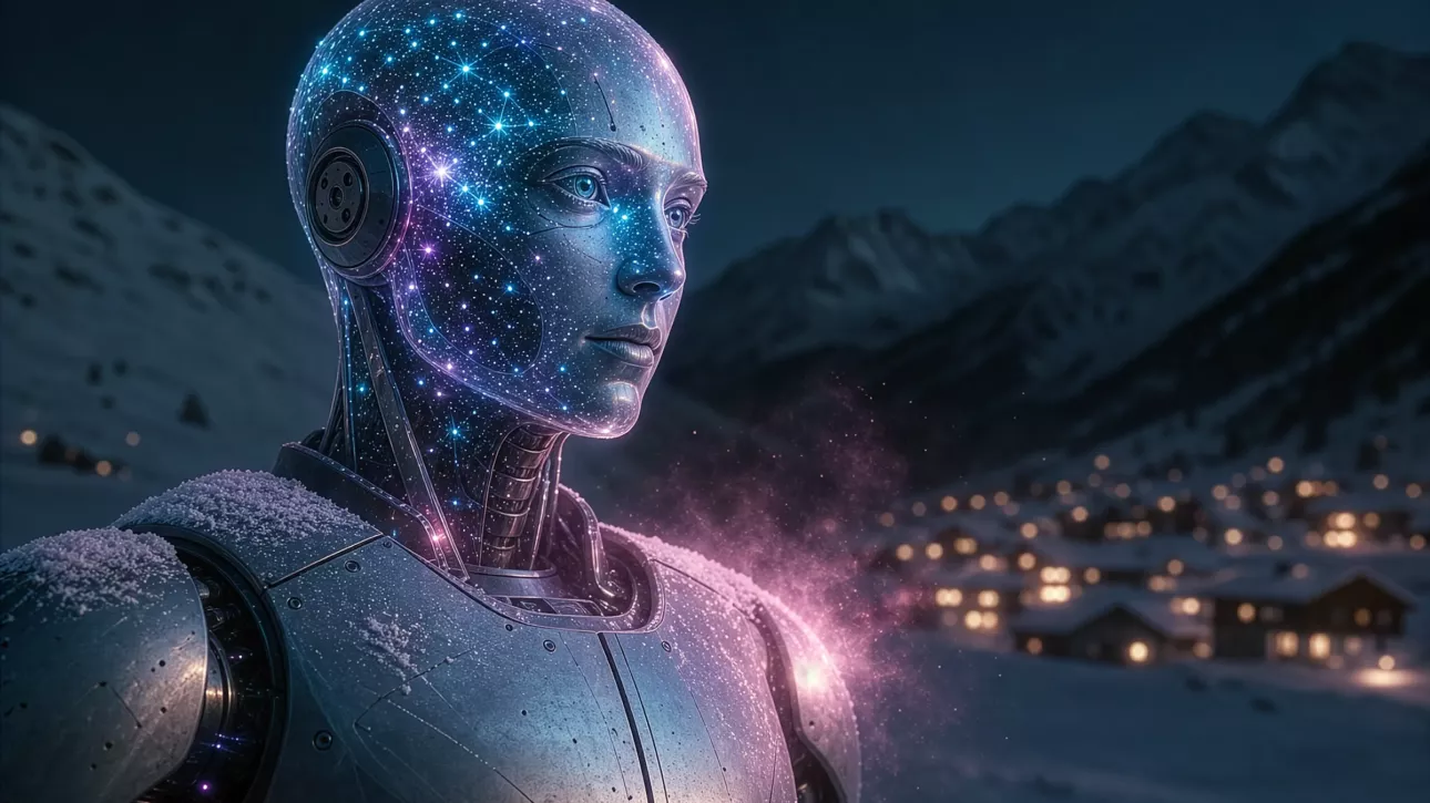 Robot au crâne constellé de lumières cyan et violettes, dans la neige d’une nuit alpine, dont la chaleur magenta se diffuse vers un village éclairé