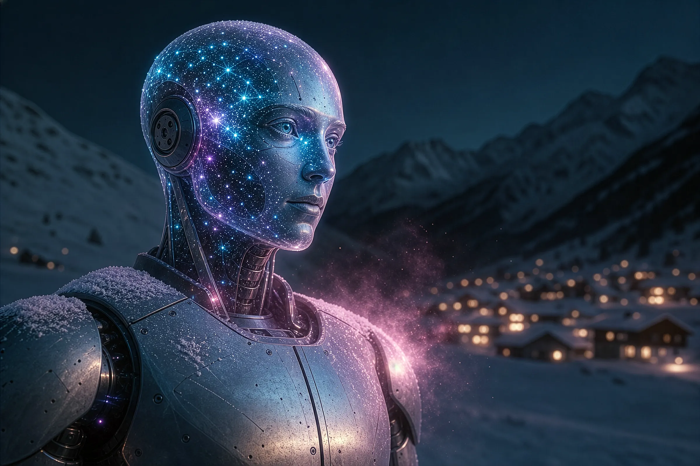 Robot au crâne constellé de lumières cyan et violettes, dans la neige d’une nuit alpine, dont la chaleur magenta se diffuse vers un village éclairé