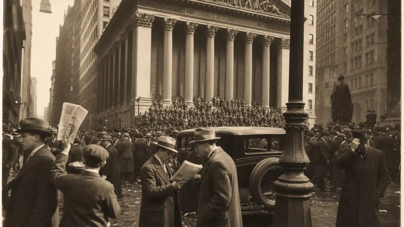 Foule devant la Bourse de New York pendant le krach d’octobre 1929, photographie de presse sépia.
