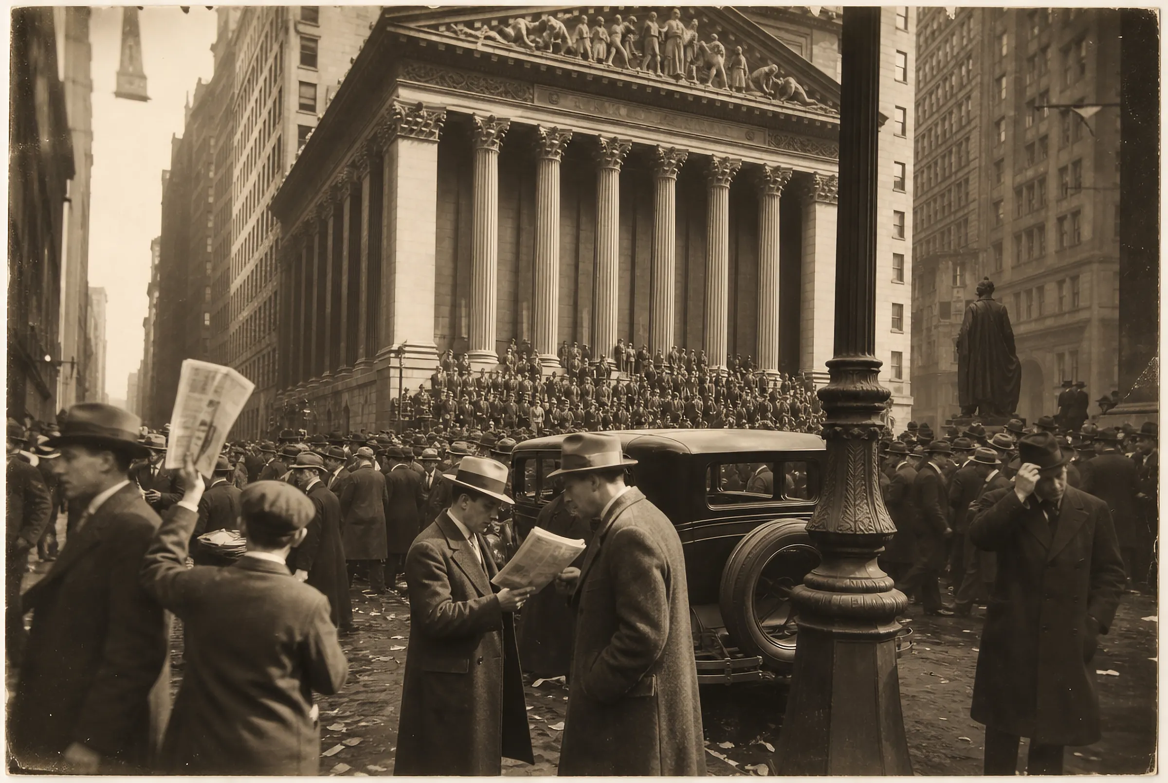 Foule devant la Bourse de New York pendant le krach d’octobre 1929, photographie de presse sépia.