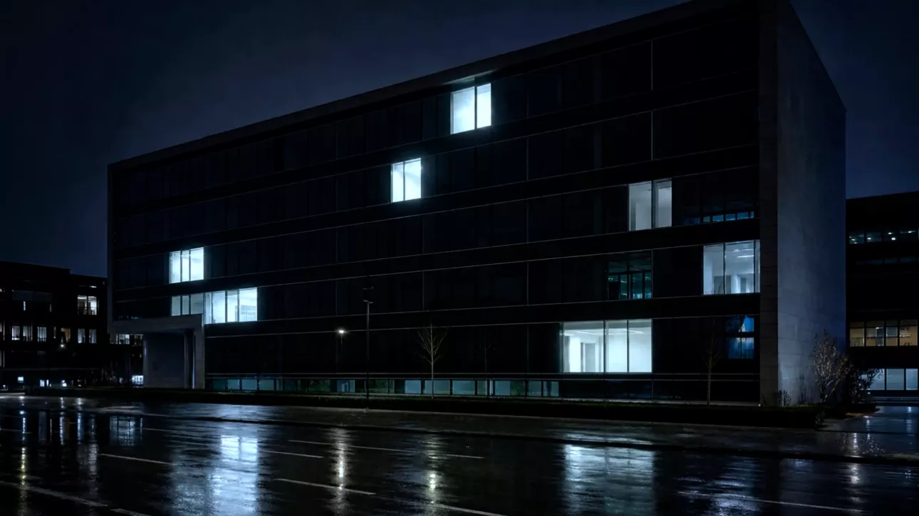 Immeuble de bureaux la nuit, facade sombre, quelques fenetres restees allumees