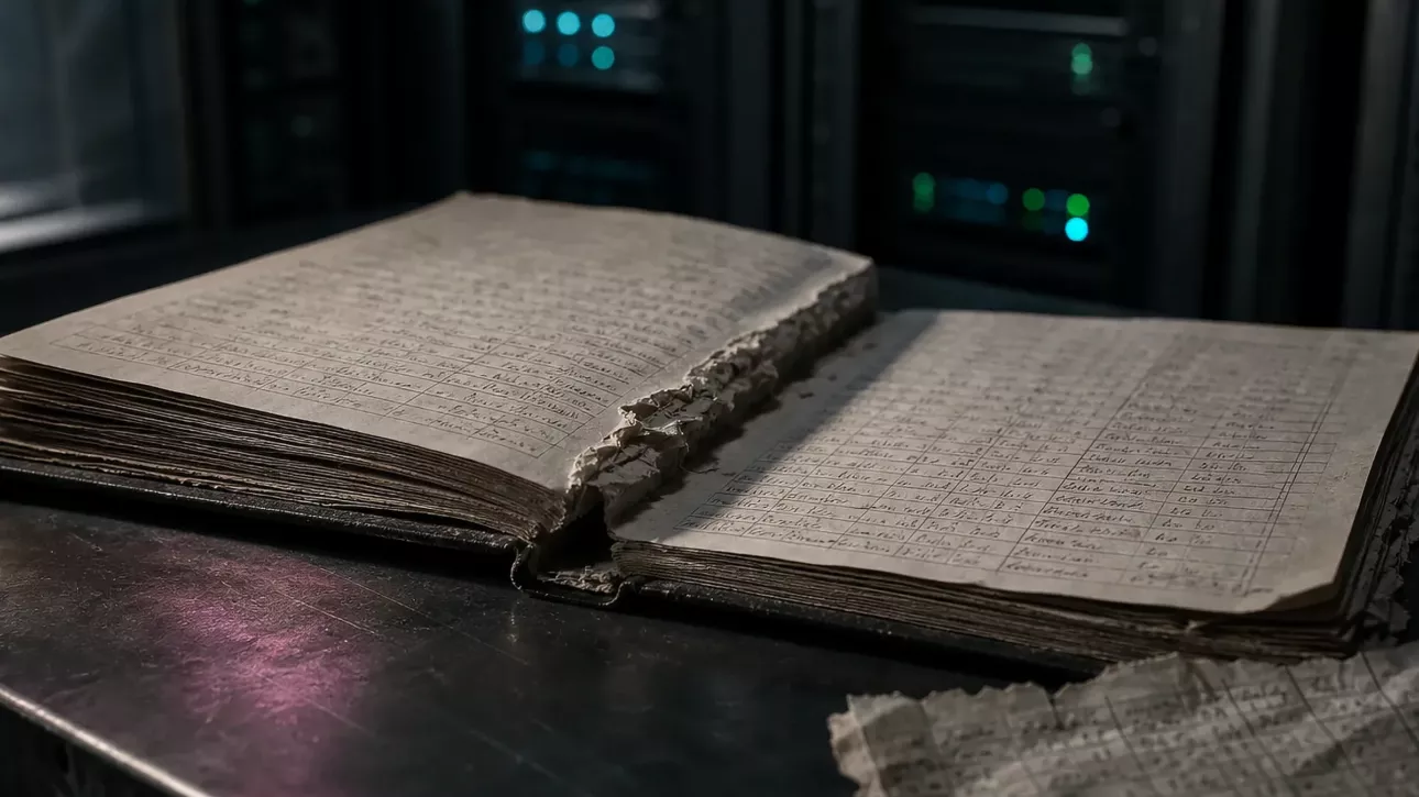 Registre ouvert sur un bureau de salle serveur, plusieurs pages arrachées au ras de la reliure