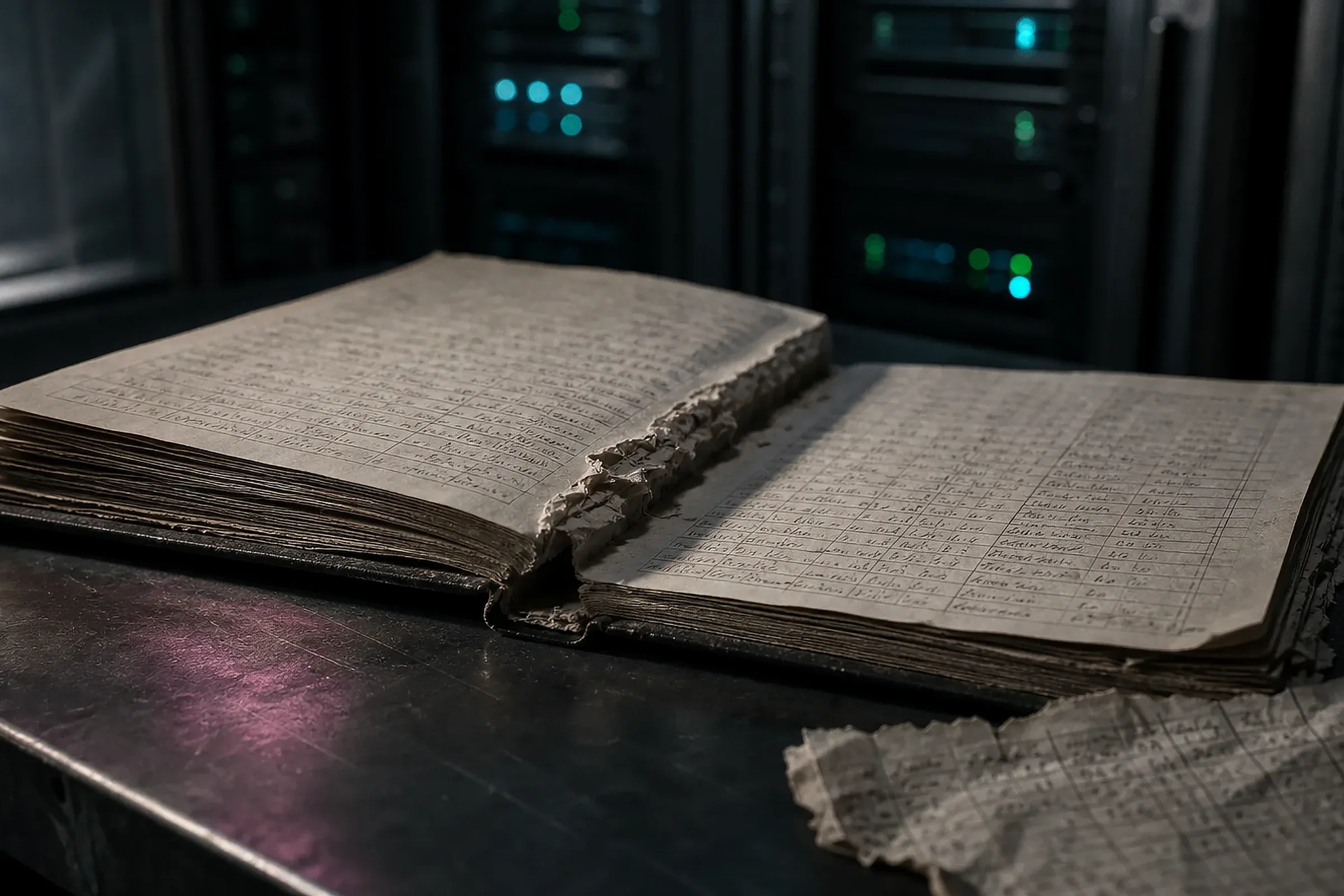 Registre ouvert sur un bureau de salle serveur, plusieurs pages arrachées au ras de la reliure
