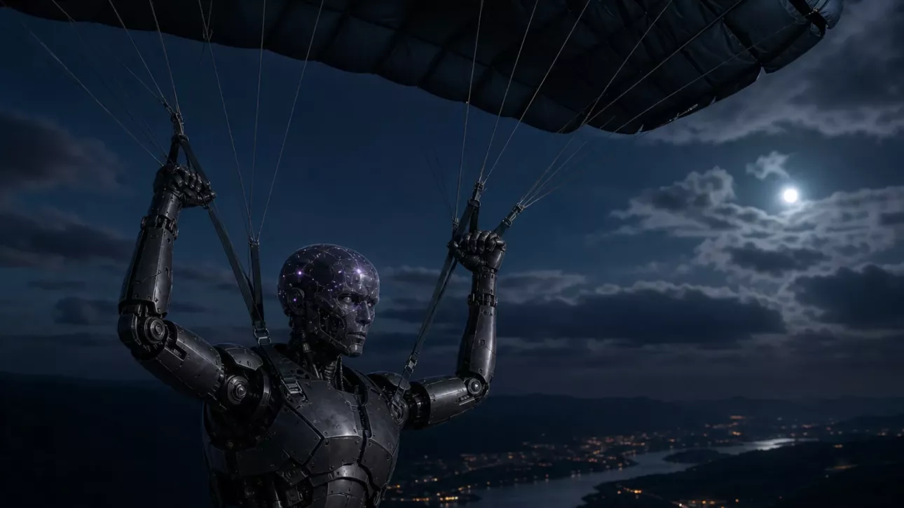 Un robot au corps de titane peint en graphite descend de nuit sous un parachute, les bras levés sur les commandes, vers une vallée où brillent les lumières d’une ville endormie.