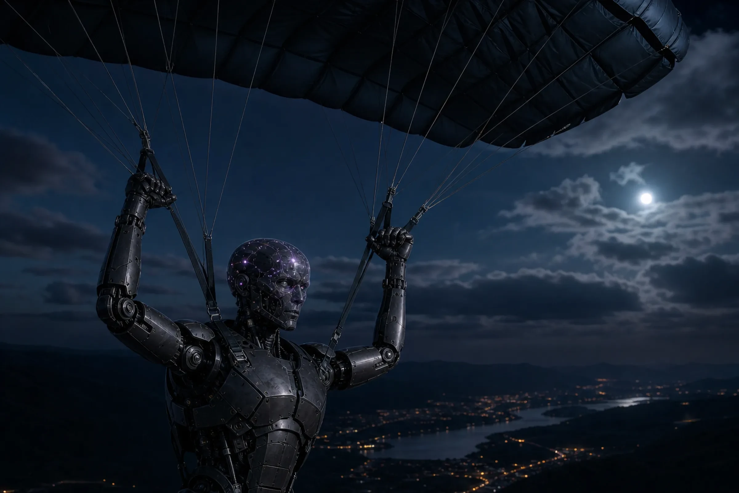 Un robot au corps de titane peint en graphite descend de nuit sous un parachute, les bras levés sur les commandes, vers une vallée où brillent les lumières d’une ville endormie.